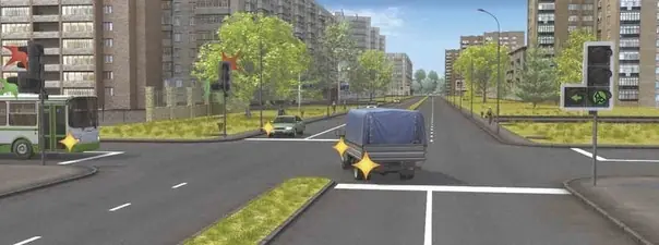Иллюстрация к вопросу: При выполнении какого маневра водитель грузового автомобиля имеет преимущество в движении?