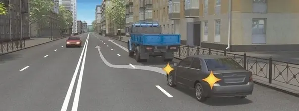 Иллюстрация к вопросу: Какой маневр намеревается выполнить водитель легкового автомобиля?