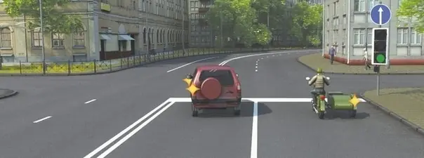 Иллюстрация к вопросу: Кто из водителей, выполняющих поворот, нарушит Правила?