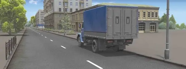 Иллюстрация к вопросу: Запрещена ли водителю грузового автомобиля остановка в этом месте?