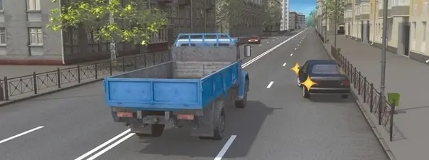 Иллюстрация к вопросу: Можно ли водителю легкового автомобиля в данной ситуации начать движение от тротуара?