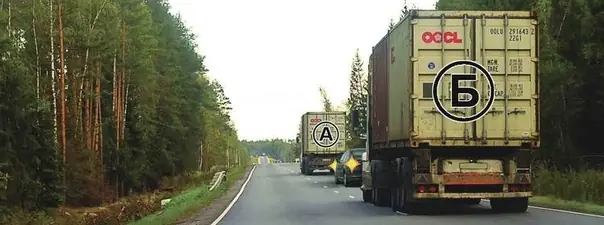 Иллюстрация к вопросу: Можно ли водителю грузового автомобиля Б начать обгон?