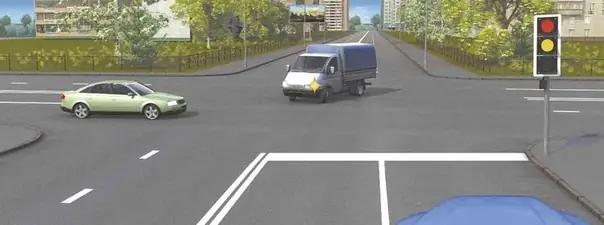 Иллюстрация к вопросу: При включении зеленого сигнала светофора Вы должны уступить дорогу: